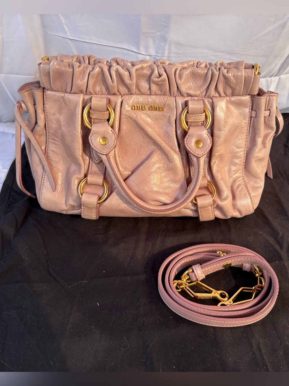 Miu Miu Vitello Lux Dusty Pink Leather Ruched Satchel with Gold Hardware